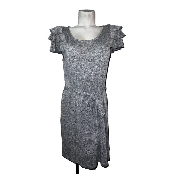 ANN TAYLOR LOFT Women's Size L Grey Marbled Tiered Flutter SS Belted Knit Dress - Picture 1 of 6